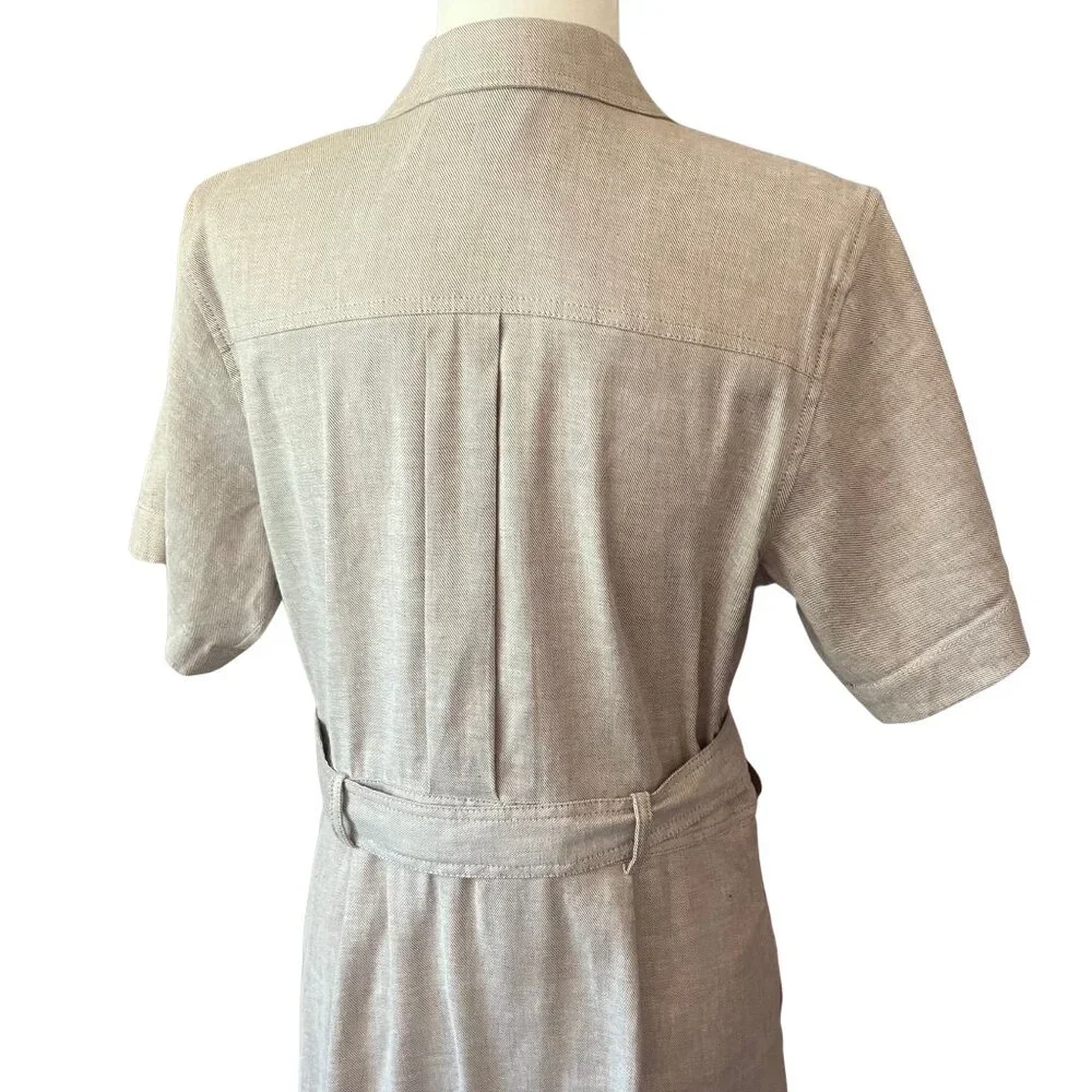 Banana Republic Linen Blend Belted Shirt Dress Khaki Beige Button Front Size 12 - Picture 5 of 7